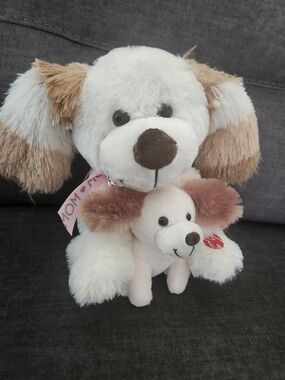 Gund Cream and Light Brown Plush Dog with Pink 'MOM' Ribbon
